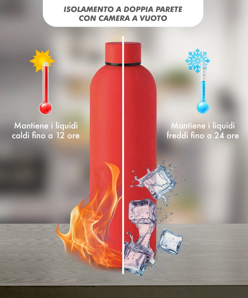 Borraccia Termica 1 Litro Bottiglia Acciaio Inox Inossidabile Doppio Strato 1000 Ml Tappo Antigoccia Doppia Camera Bevande Calde Fredde Termos Sistema Sottovuoto Rivestimento Soft Touch  - Rosso