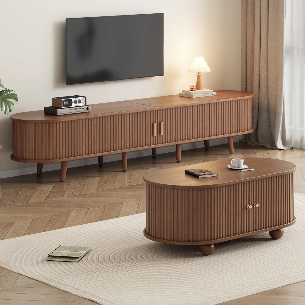 Set 2 pezzi soggiorno: mobile TV e tavolino da caffè in MDF colore noce con ampio spazio contenitivo