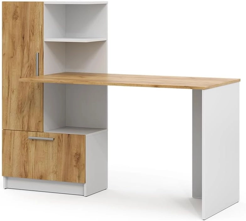 Scrivania Tomy, Rovere bianco/dorato, 150 x 59 cm, con ripiani aperti per una conservazione organizzata
