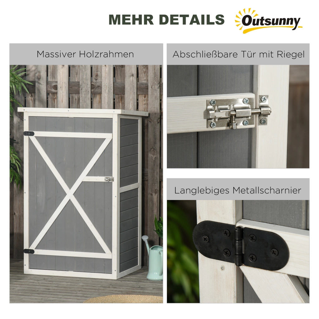 Armadio da giardino con due ripiani interni e serratura in legno nero per esterni compatto e resistente alle intemperie