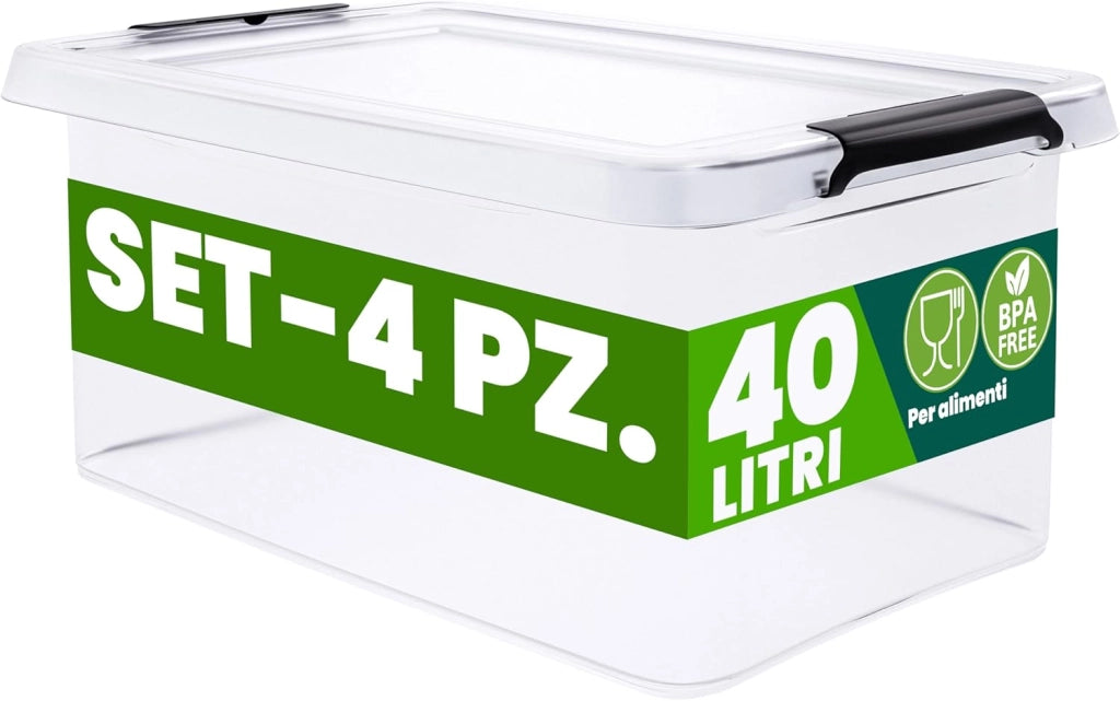 4x Contenitore Trasparente 40L con Coperchio BPA Free Scatole Impilabili Scatola Organizer Cucina Congelatore Contenitori Plastica Box