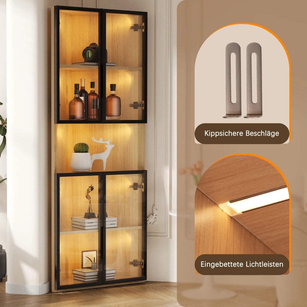 Vetrina angolare con LED, 1 anta e ripiani in MDF effetto rovere, per soggiorno e ufficio, 62 × 32 × 160 cm
