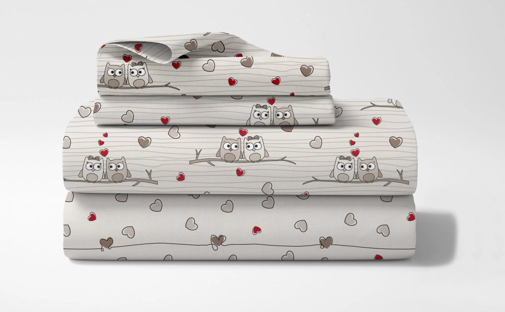 Completo Letto Lenzuola Matrimoniale,100% Cotone, Set letto, Lenzuolo Sopra, Sotto e Federe 2 Piazze Gufi