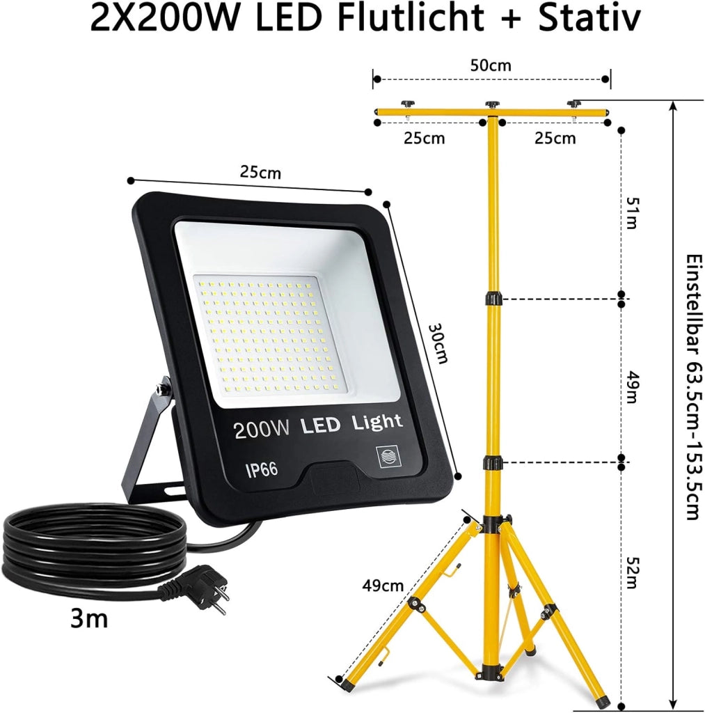 Faretto da costruzione, 2 x 200 W, 16000 lm, con treppiede regolabile e cavo da 3 m, impermeabile, IP66, per garage, officina, cantiere, bianco freddo