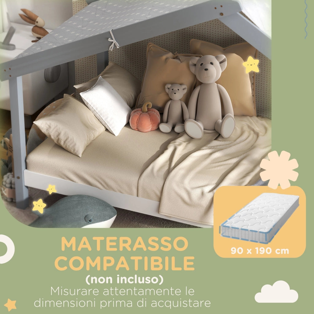 Letto Singolo per Bambini Casetta Tetto Stellato in Tessuto 213x100x140 cm Grigio