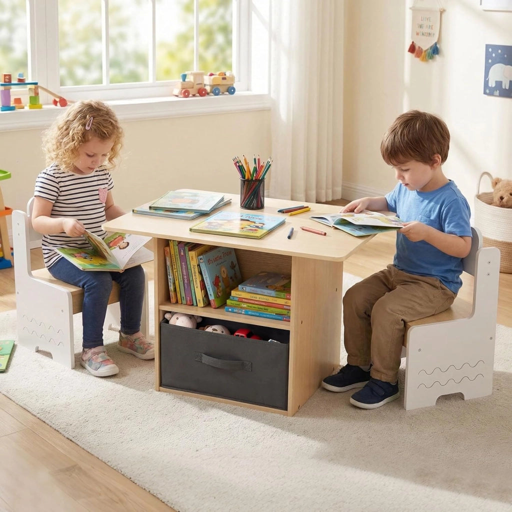 Set di Tavolo e 2 Sedie per Bambini 3+ Anni, Tavolo e 2 Sedie in Legno con Scomparti Doppio Lato e Cassetto Pieghevole in Tessuto, Ideale per Leggere, Giocare per Cameretta Bambini (Bianco)