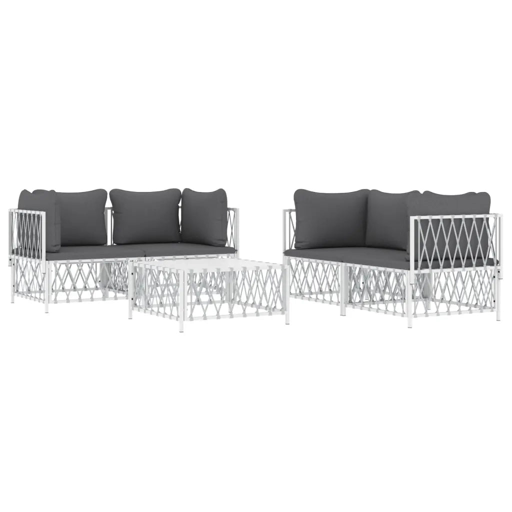 Set Salotto da Giardino 5 pz | Set di Mobili da Esterno con Cuscini in Acciaio Bianco