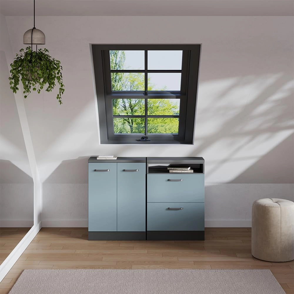 Set di mobili sottotetto Rion, Grigio-blu, 120 cm Set di 2 carcasse armadio profondità 60 cm, adatto per il salvaspazio sotto tetti spioventi