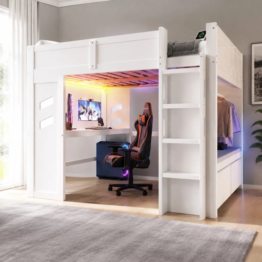 Letto a soppalco bianco 140x200 con scrivania LED e USB-C