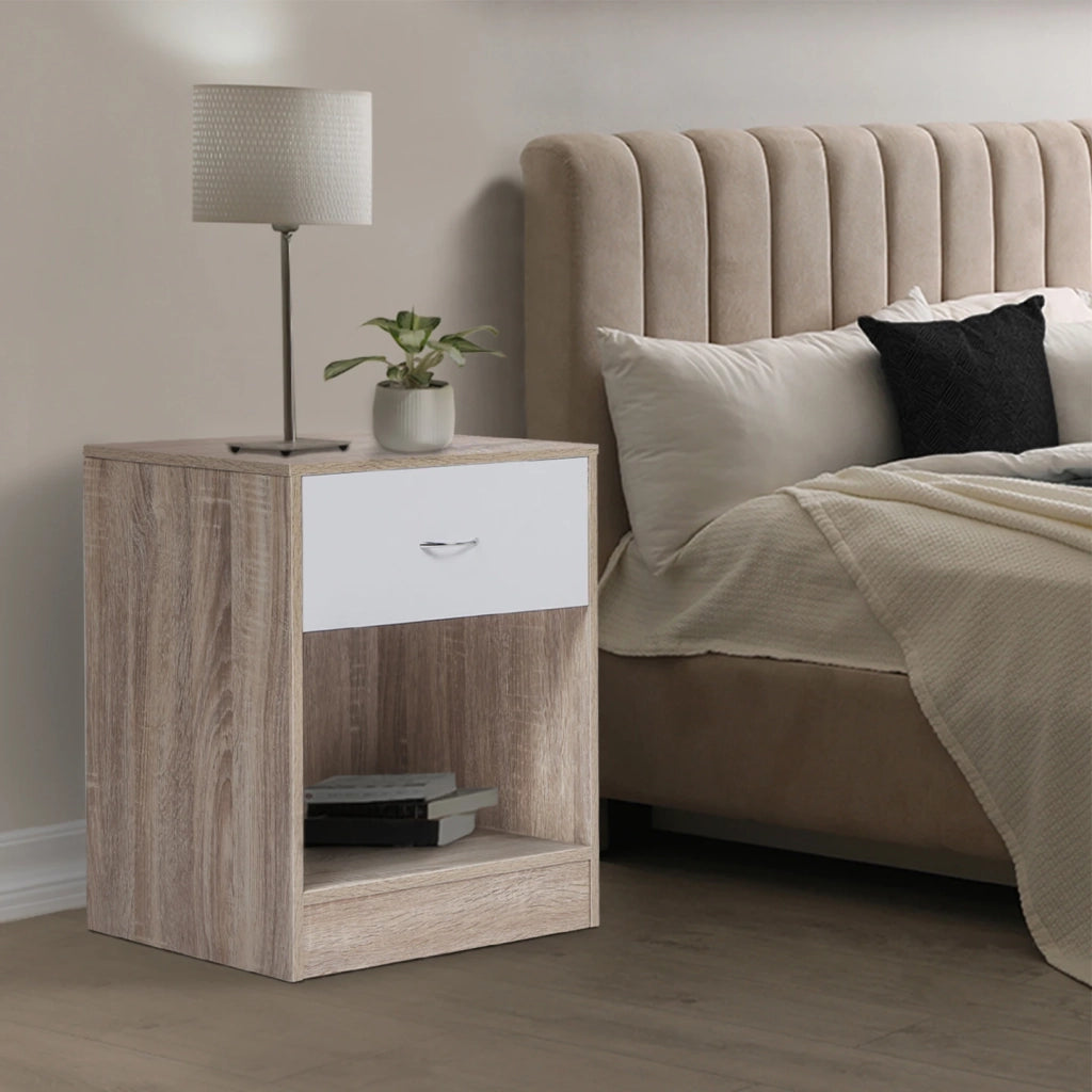 IDMarket - Set di 2 comodini OLGA in legno di faggio e cassetto bianco