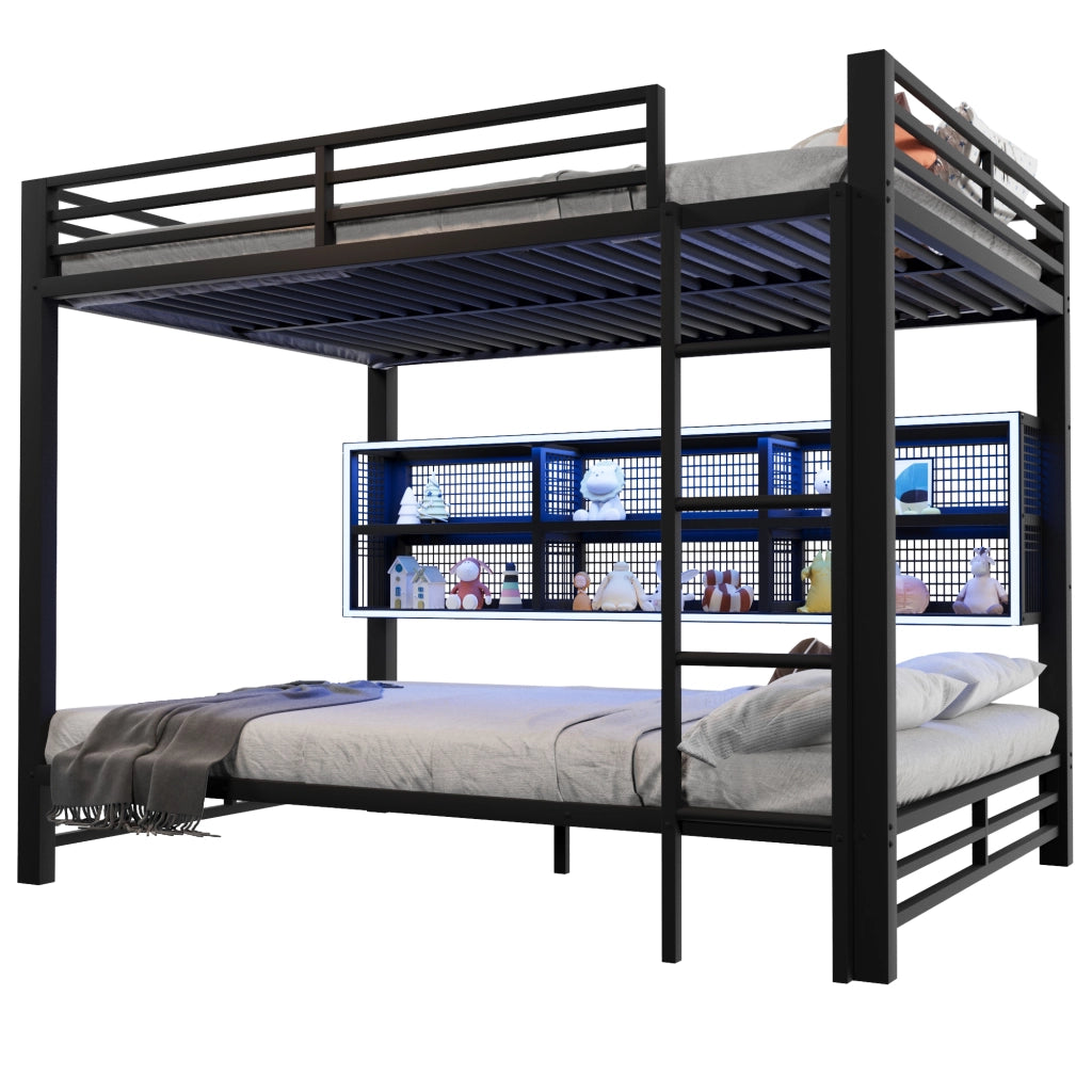 Letto a castello 140 × 200 cm con 6 armadietti laterali e LED, senza materasso, in metallo, nero