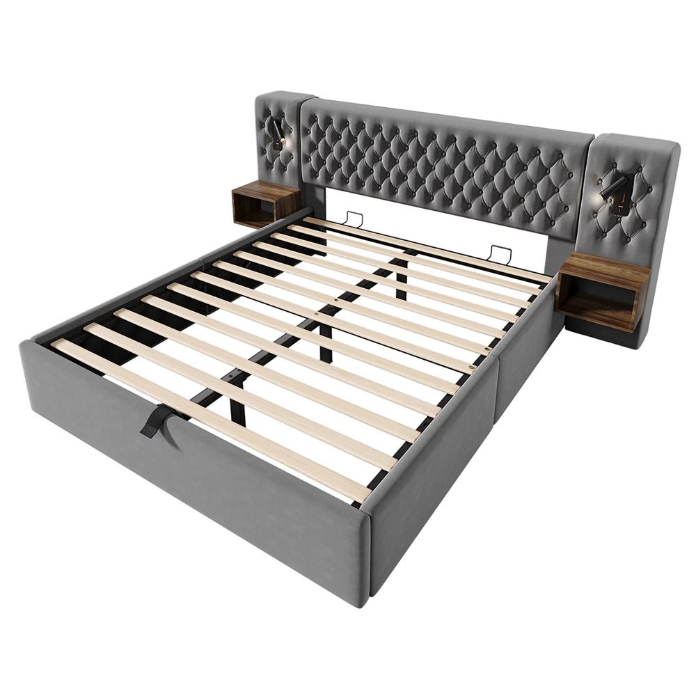 Letto con contenitore idraulico 160x200 cm - Xylo - 2 comodini luce lettura USB - Velluto Grigio