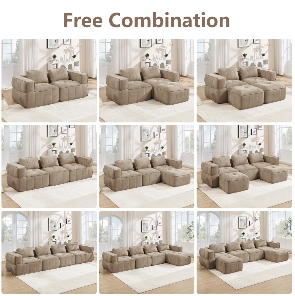 Divano modulare 2 posti con 2 pouf 198x162x67 cm in poliestere color sabbia