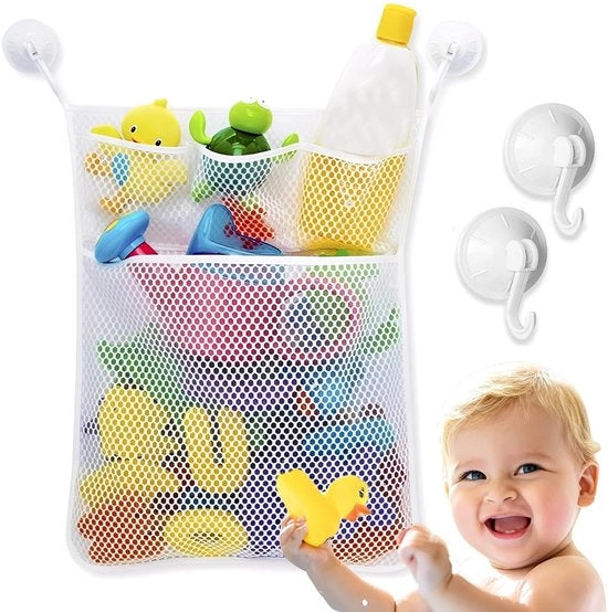 Organizzatore per giocattoli con 4 chiusure a vite - Contenitore appeso per giocattoli da bagno - Organizzatore per giocattoli in mesh - Per la stanza da bagno