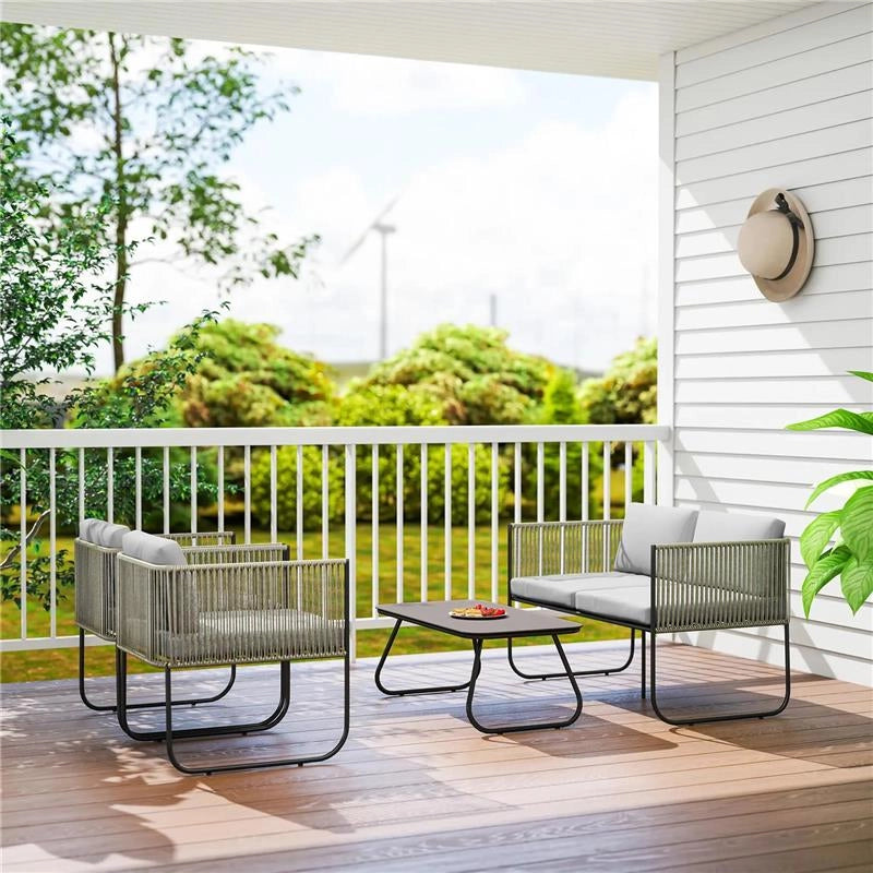 SET DA GIARDINO RATTAN CON DIVANETTO 2 POSTI 2 POLTRONE E TAVOLINO IN VETRO CUSCINI SFODERABILI GRIGIO