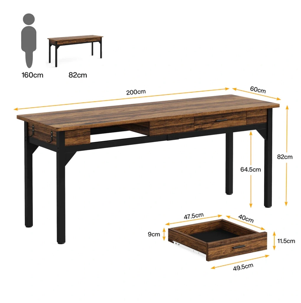 Scrivania doppia 200 cm con 2 cassetti e ganci