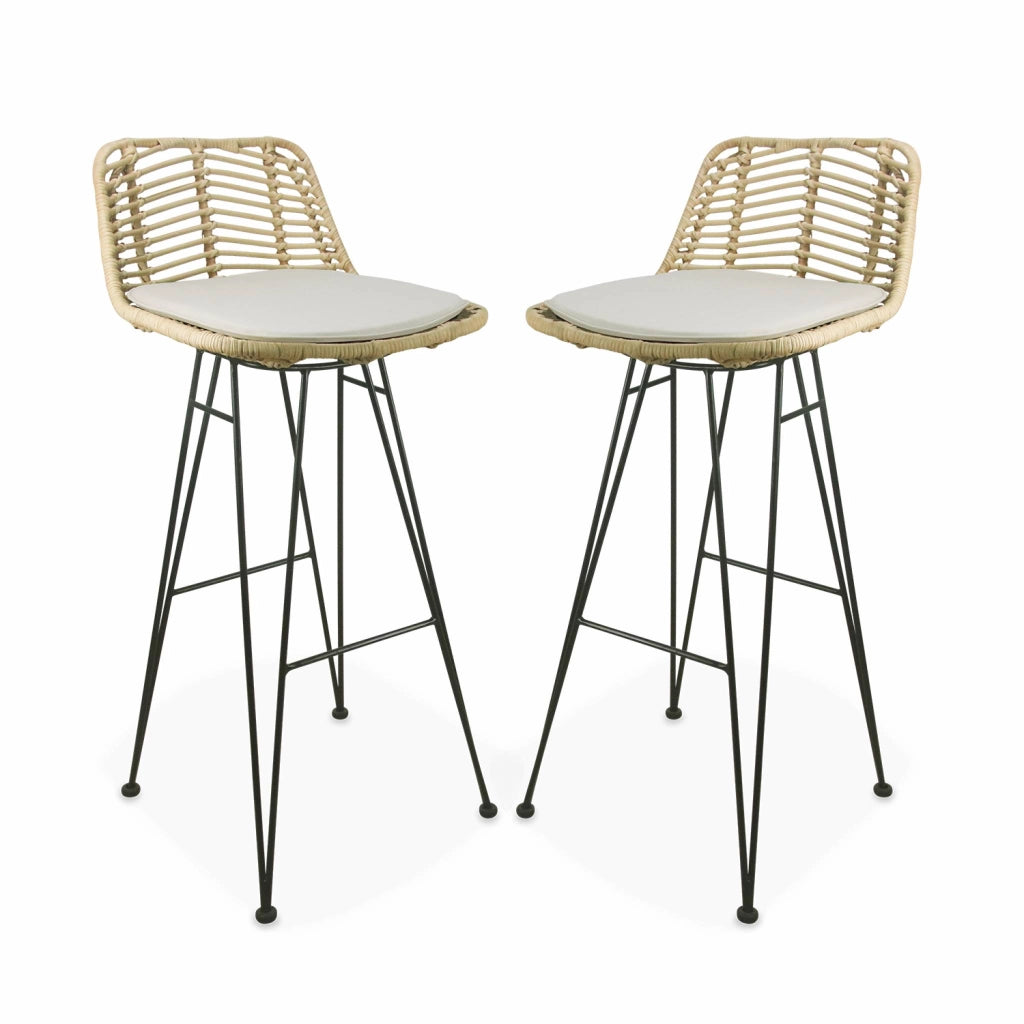 Set di 2 sgabelli da bar in metallo e rattan, beige