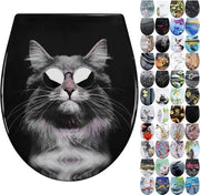 Braccio di toilette con meccanismo softclose, coperchio di toilette in duroplast, coperchio di toilette con chiusura rapida, installazione di braccio di toilette da sopra, braccio di toilette con motivo (Cool Cat)
