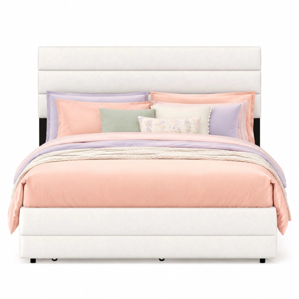 Letto matrimoniale 140x200 cm con letto estraibile e 2 cassetti; beige; in lino