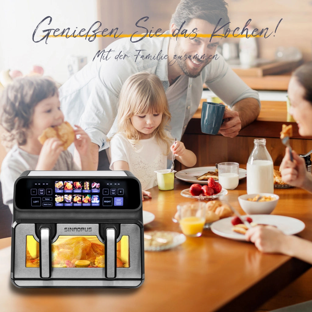 Friggitrice ad aria 9 l a doppia camera 2200 W con separatore rimovibile; 10 programmi touch e finestra