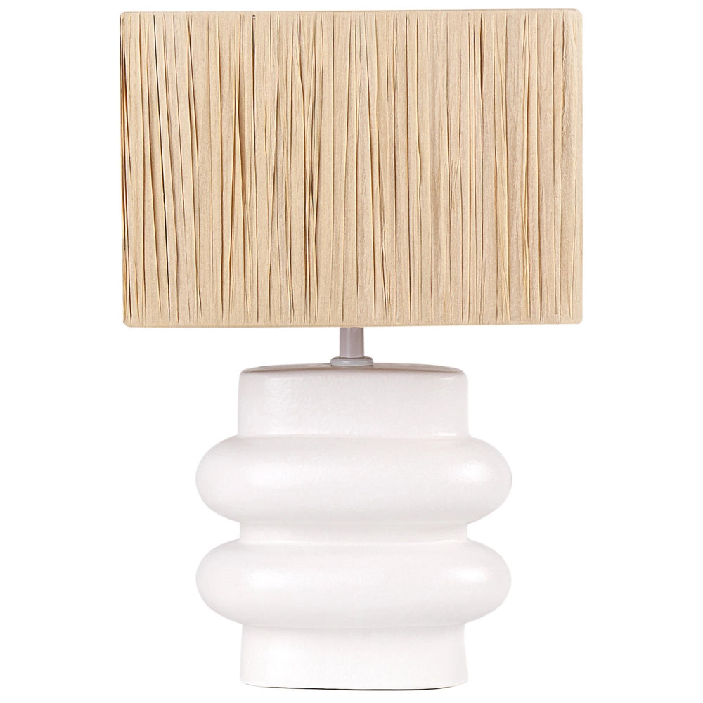Lampada da tavolo in ceramica bianca con paralume a tamburo in lino  base minimalista design stile contemporaneo