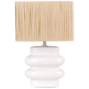 Lampada da tavolo in ceramica bianca con paralume a tamburo in lino  base minimalista design stile contemporaneo