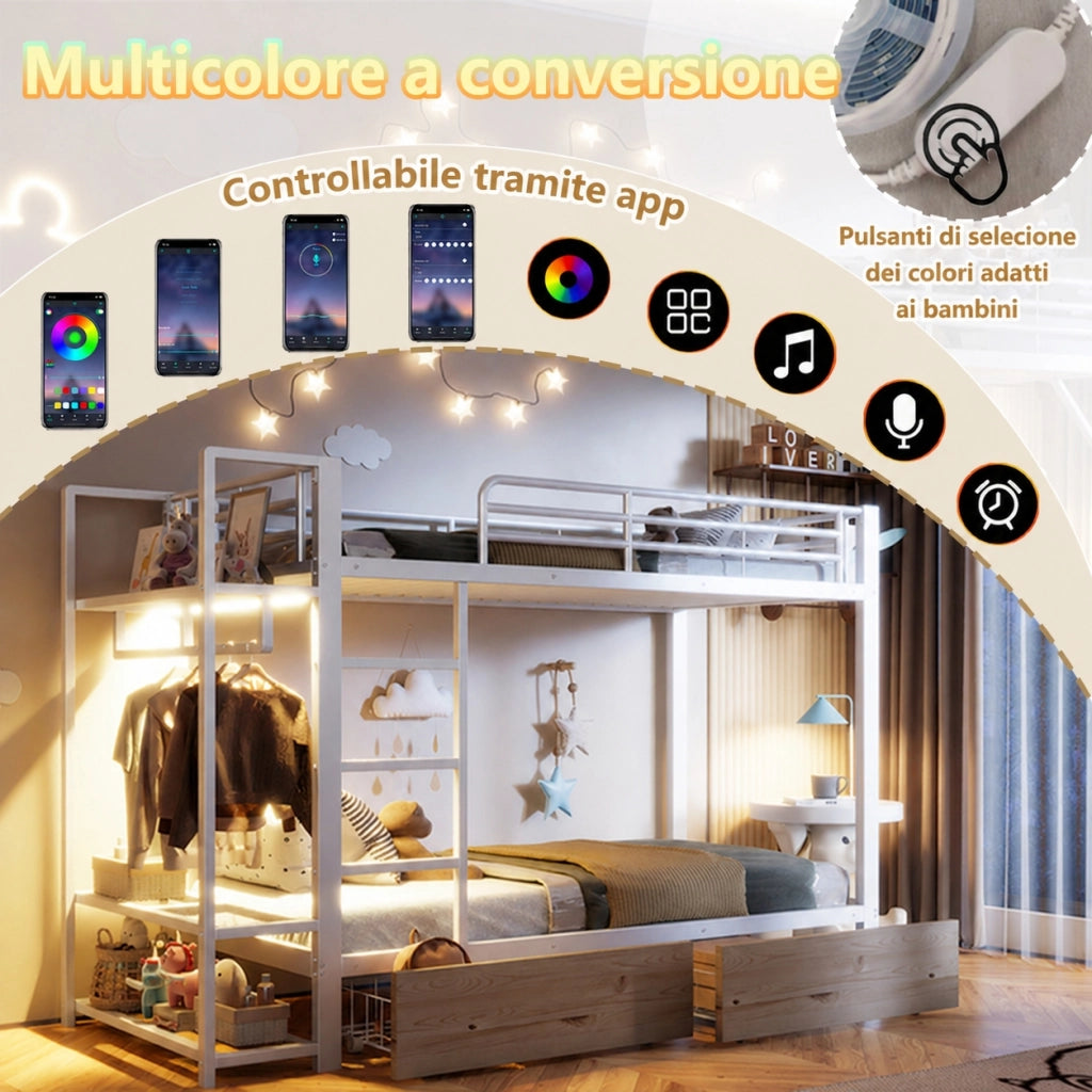 Letto a castello bianco 90 x 200 cm, due cassetti e luce LED, metallo e MDF