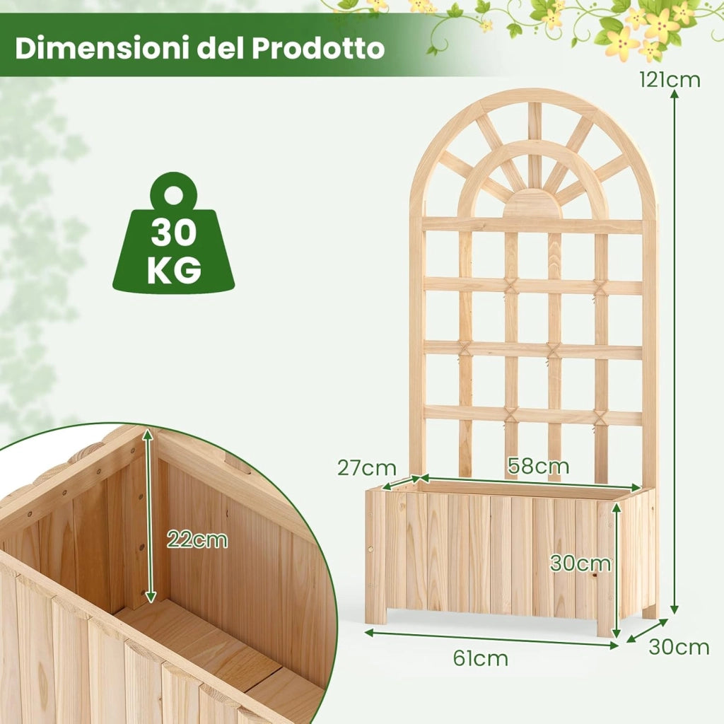 Letto da Giardino Rialzato in Legno con Traliccio, Fioriera da Esterno con Spalliera e Fori di Drenaggio, Aiuola Elevata per Piante Rampicanti, Fiori e Verdure (Naturale,61 x 30 x 121 cm)