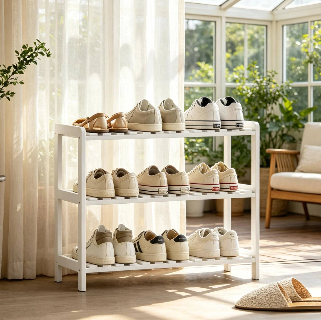Scarpiera 70x26x57，5 cm in pino e MDF bianco， 3 ripiani per ingresso