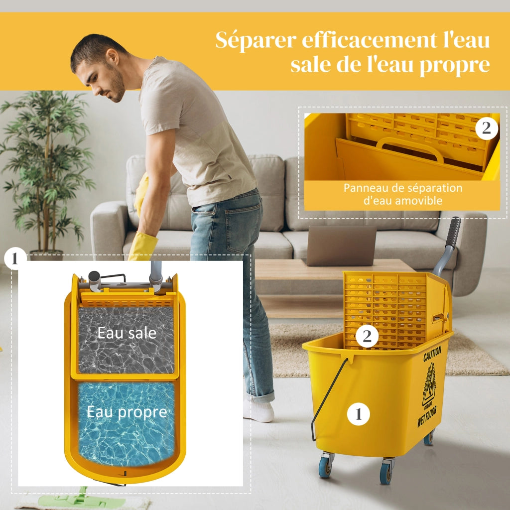 Carrello per la pulizia con secchio 20 L, manico e mocio ¨C Minimal ¨C 45x26.5x70 cm, giallo