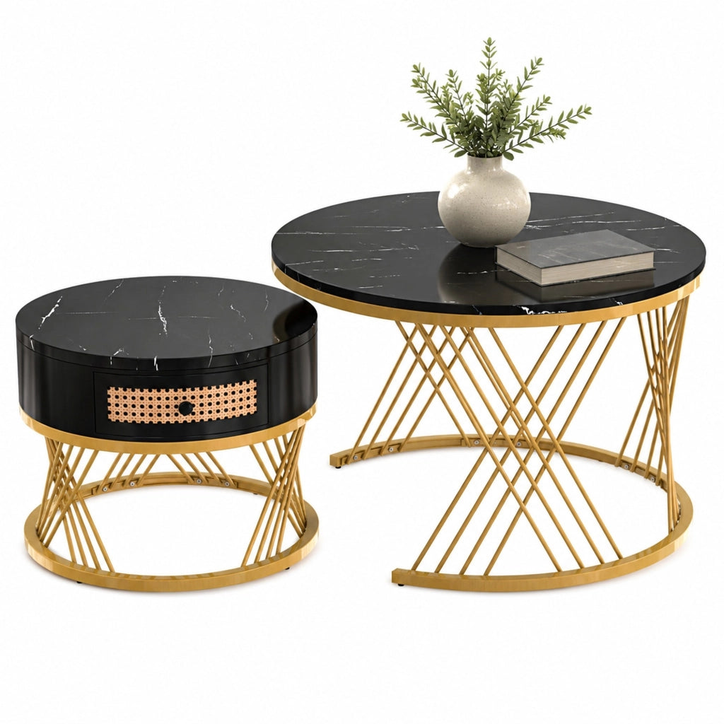 Tavolino da salotto rotondo 2 in 1 con effetto marmo; MDF nero e dettagli oro; 70/50 cm