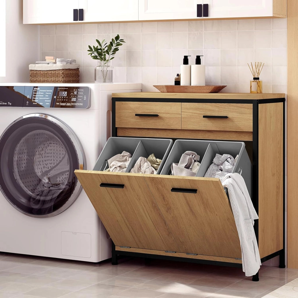 Mobile da Bagno con 2 Cassetti e 2 Sacchi per la Biancheria, in MDF con Struttura in Metallo, Rovere Chiaro + Nero, 72,5x34x80 cm