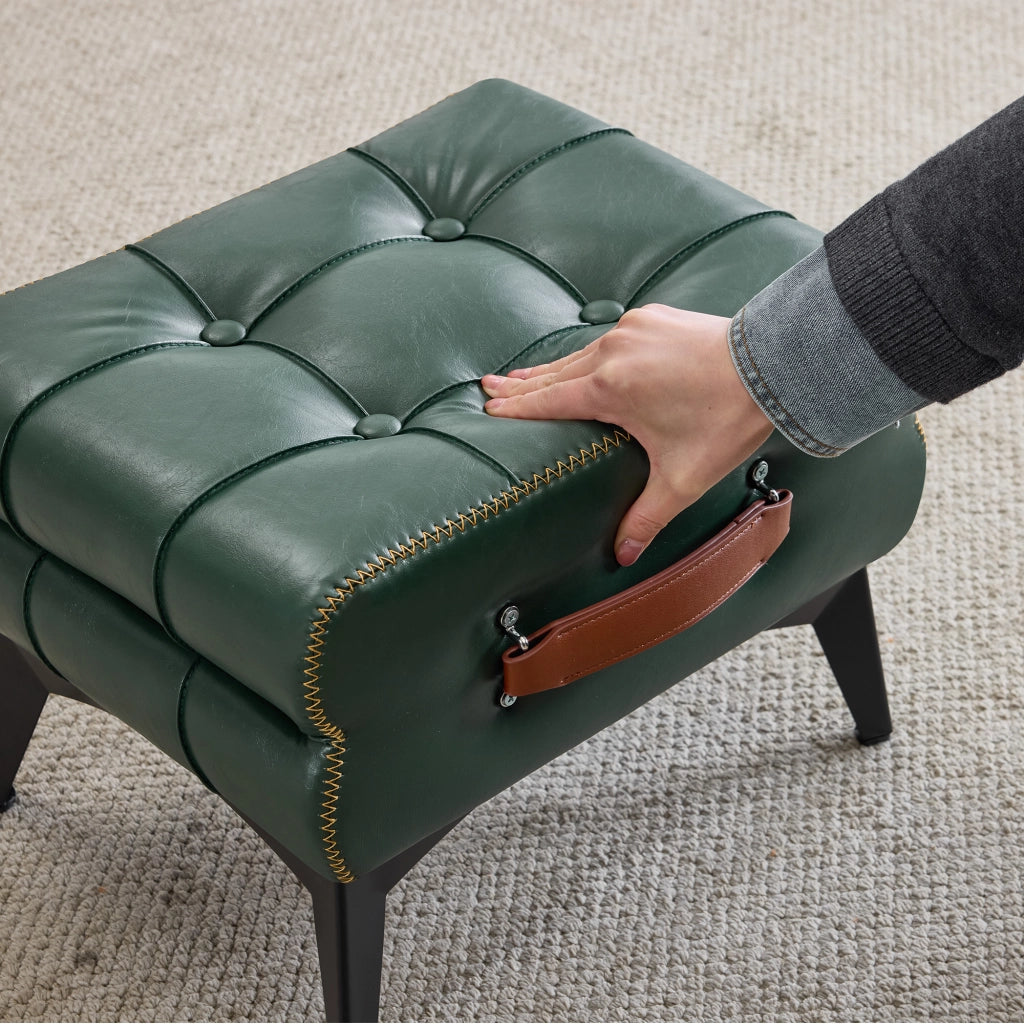 Pouf multifunzione per cambio scarpe con maniglia, piedini antiscivolo e gambe in acciaio in pelle PU verde