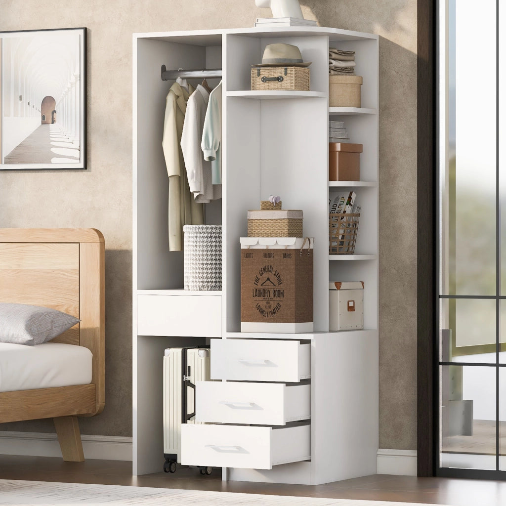 Scaffale autoportante con ripiani aperti, vani chiusi e barra appendiabiti per camera da letto in MDF bianco 70 × 55 × 175 cm