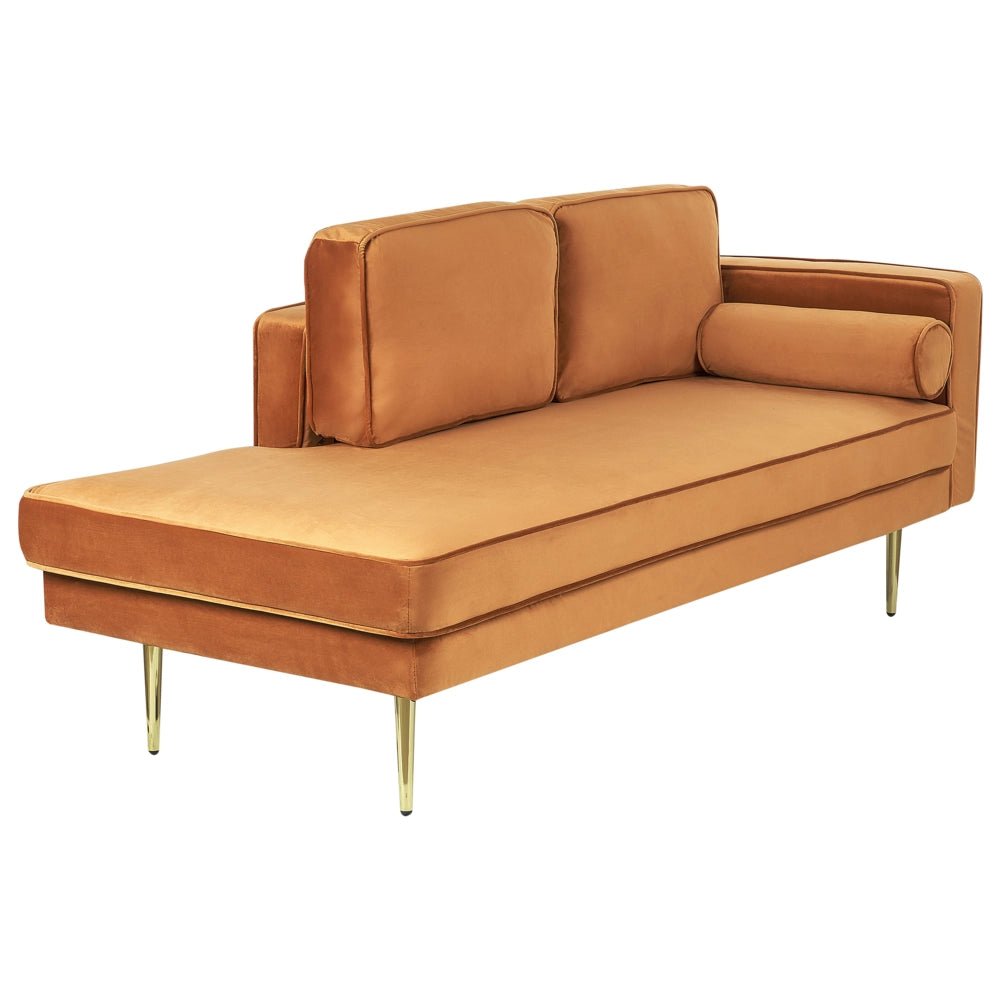 Chaise longue Velluto Rosso Scuro Imbottito versione destra Orientamento Gambe In Metallo Rafforzamento Cuscino Design Moderno