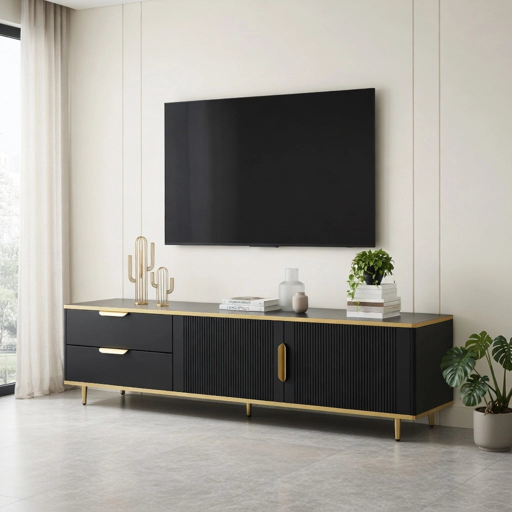 Cassettiera per TV nera; in MDF e truciolare; lunghezza 170 cm