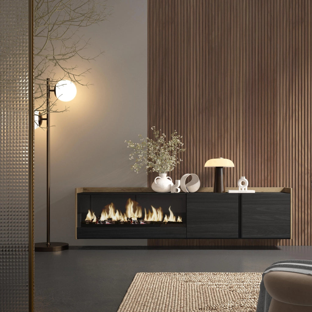 Mobile TV Soggiorno, 212x50x35 cm, Per TV fino a 80", Camino elettrico XXL, Sospeso, da appendere, Nero e rovere