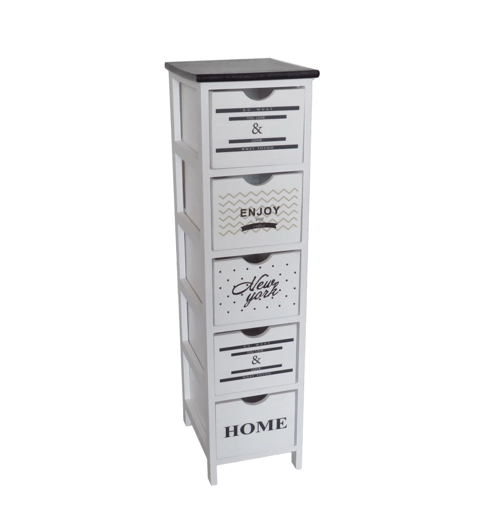 ENJOY MOBILE A 5 CASSETTI SLIM 26X32X98 CM BIANCO CON SCRITTE E TOP NERO