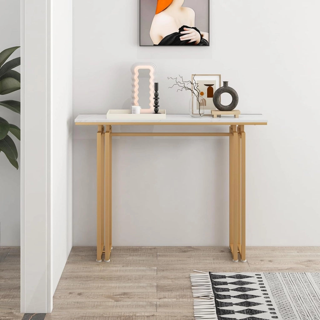 Tavolo Consolle 110cm, Tavolo da Ingresso con Piano in Finto Marmo, Struttura in Metallo e Poggiapiedi Regolabili, Tavolino da Divano Moderno per Salotto, Corridoio e Ingresso (Oro)