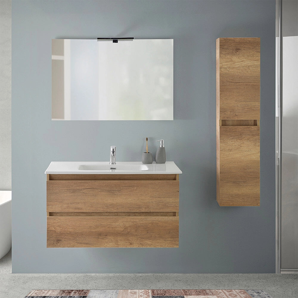 Mobile bagno sospeso 90 cm rovere naturale completo con lavabo Nadia