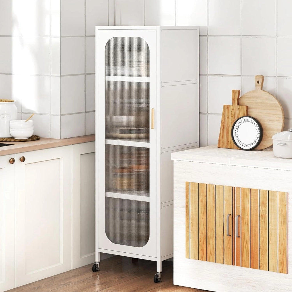 Mobile da Cucina in Metallo a 5 Ripiani, Credenza Salvaspazio con Mensole Regolabili 4 Ruote, Base Intercambiabile e Porta Semitrasparente, Organizzatore per Sala da Pranzo, Soggiorno (Bianco)