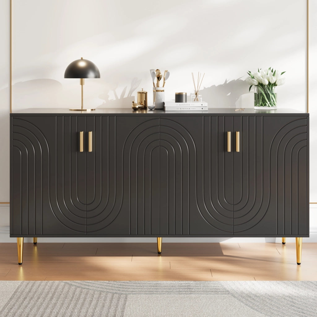 OKWISH Credenza con 2 Ante e 4 Vani, Dispositivo Antiribaltamento, Frontale Ondulato, MDF, 152 x 40 x 75 cm, Nero