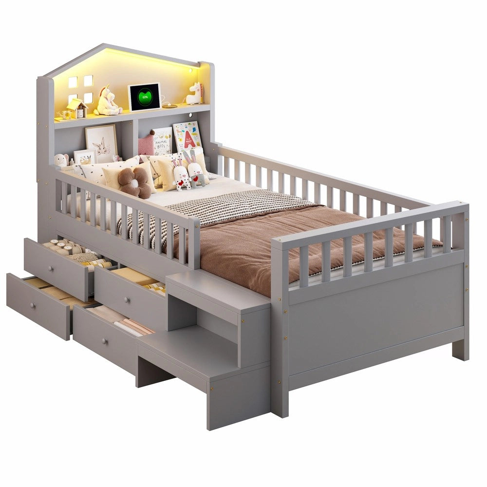 Letto Singolo Bambini con Cassetti, LED e Rete a Doghe ¨C Xylo ¨C Massello Grigio 90x200