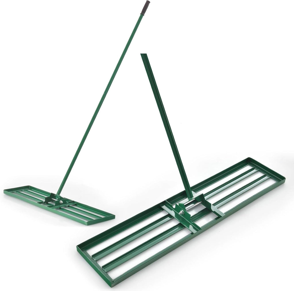 Rastrello Livellatore per Prato, Attrezzo per la Livellatura del Prato con Manico Ergonomico, Livellatrice per Giardino, Cortile, Campo da Golf, Fattoria e Pascolo (Verde 91 x 25 cm)