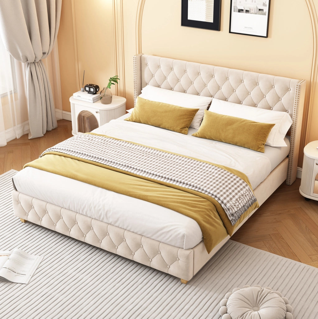Letto imbottito 160x200 cm in velluto beige chiaro con testiera e 12 doghe