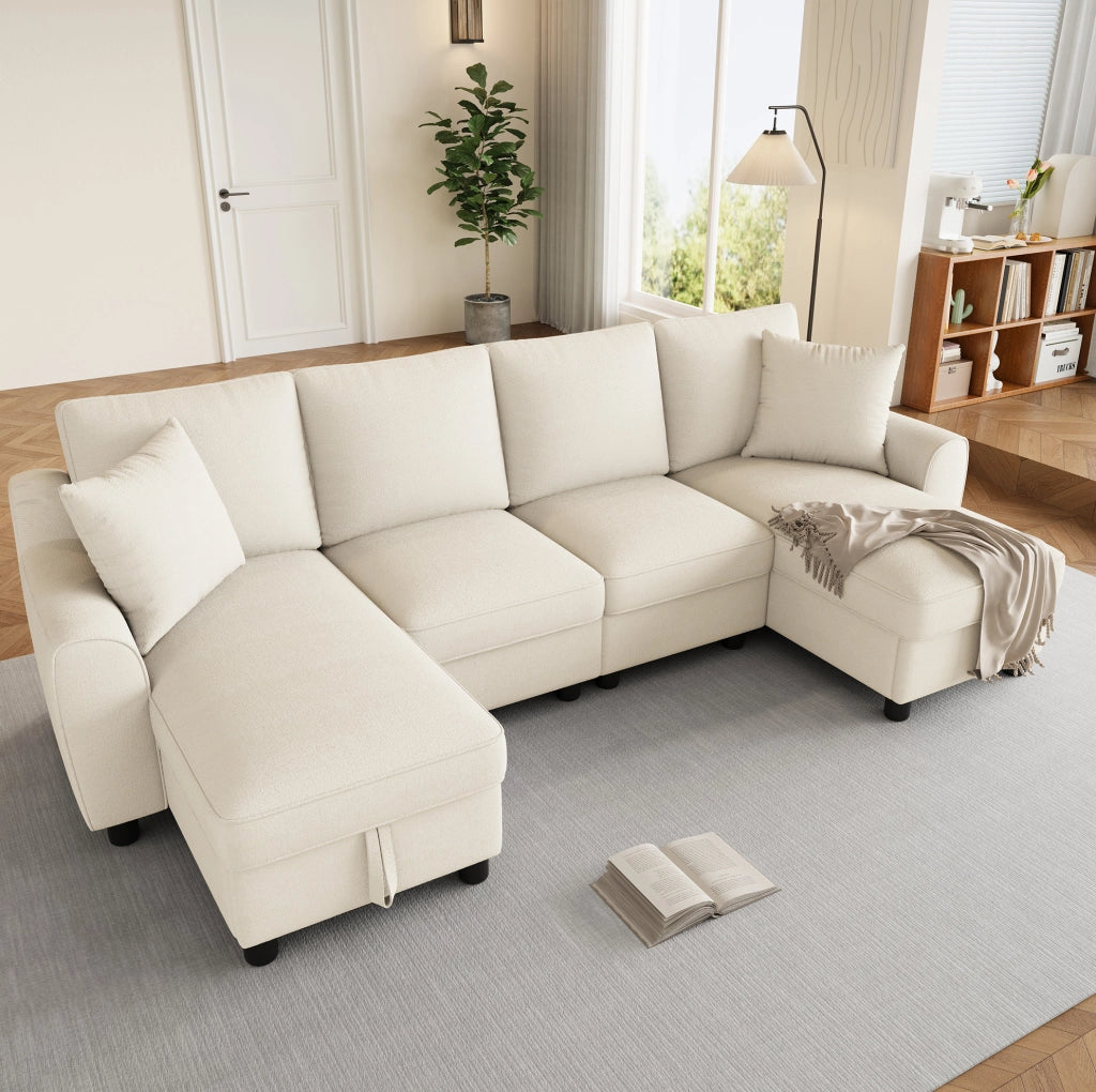 Divano a U in chenille beige con chaise longue contenitore; 280x137x84 cm