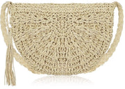 Borse da spiaggia in fibra di cotone per donne, Borse da spiaggia per donne, Borse da spiaggia estive con pennellino, Mini borse da mano in cotone con chiusura a raccordo, Beige, Dimensione unica