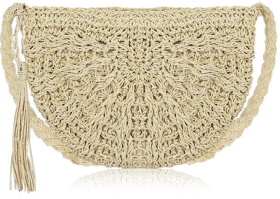 Borse da spiaggia in fibra di cotone per donne, Borse da spiaggia per donne, Borse da spiaggia estive con pennellino, Mini borse da mano in cotone con chiusura a raccordo, Beige, Dimensione unica