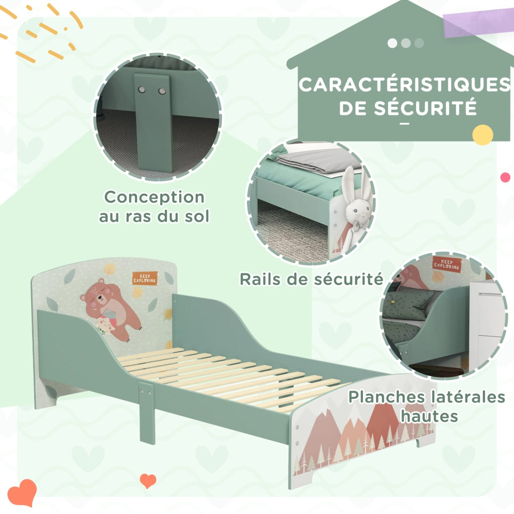Letto per bambini con barriere di sicurezza ¨C zephmum ¨C 77x143x60 cm verde con rete a doghe