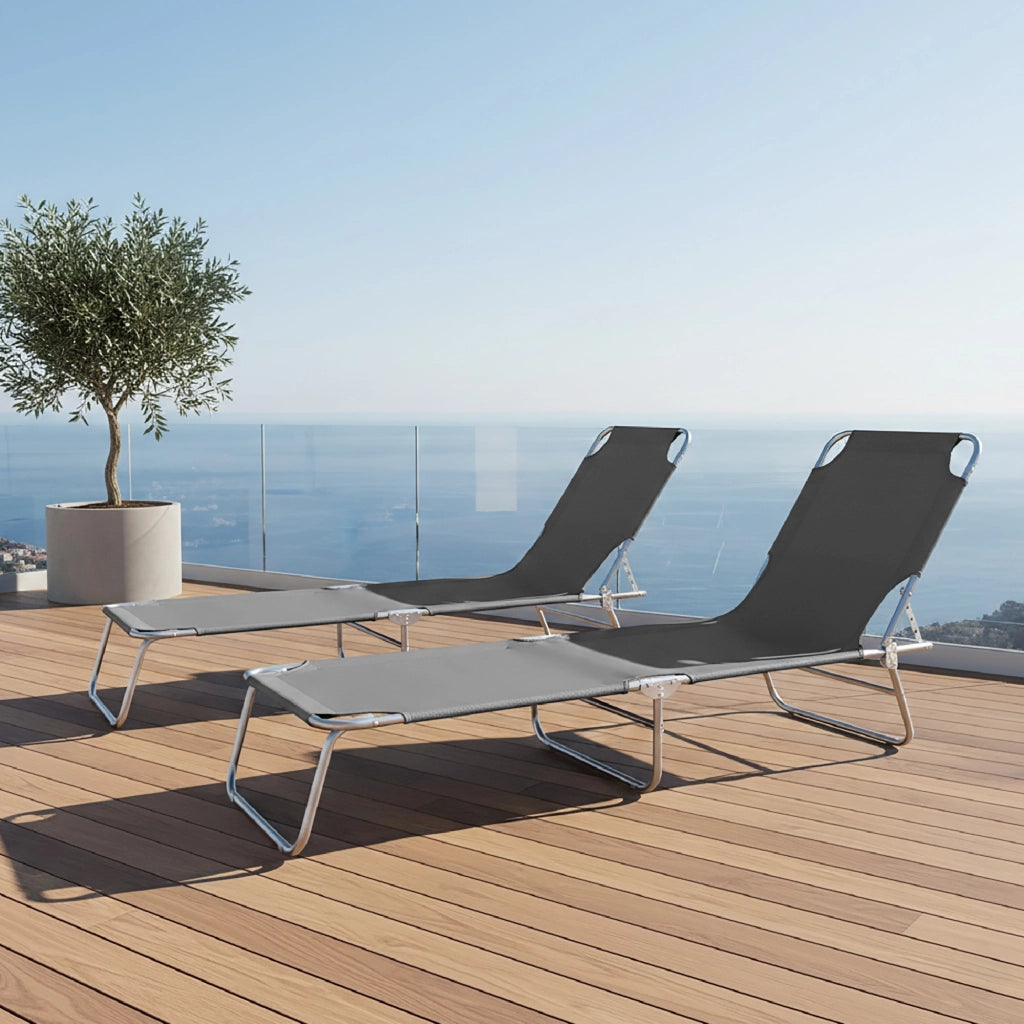 Coppia Lettini Prendisole Pieghevoli in Metallo  Reclinabili 4 Posizioni, Waterproof e Anti-UV, Portata 110 kg, Ideali per Mare Giardino Piscina Grigio